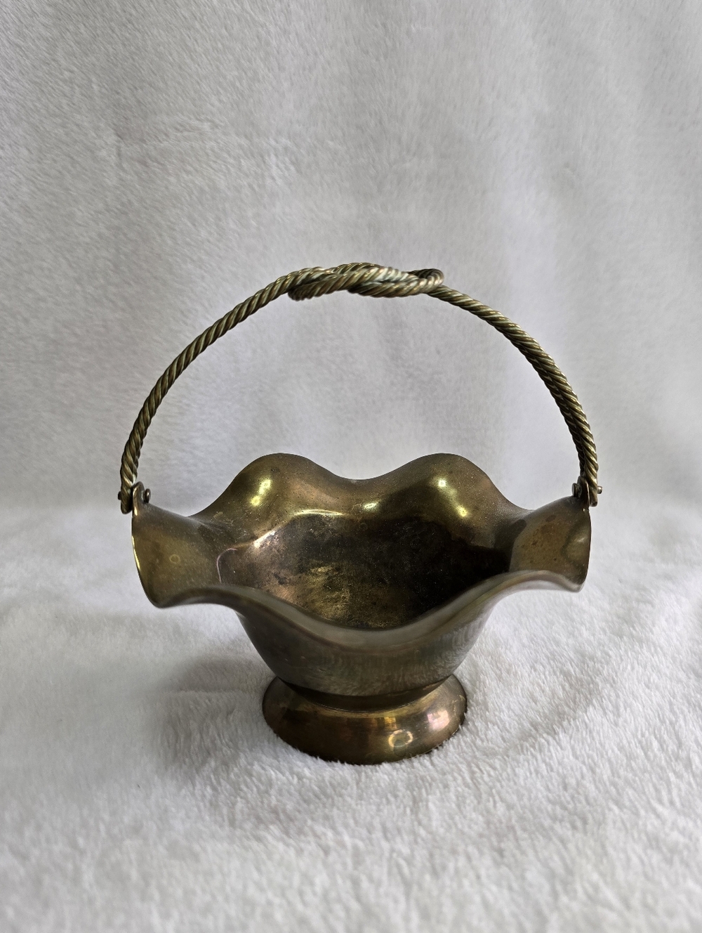 Vintage Solid Brass Ruffled Bon Bon Basket with Twisted Rope Handle